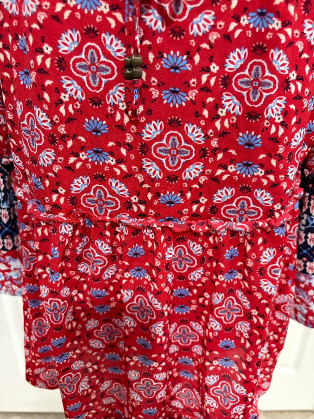 Style & Co. Red Floral Tie-Front Tunic with Navy Accent Sleeves - Picture 5 of 10